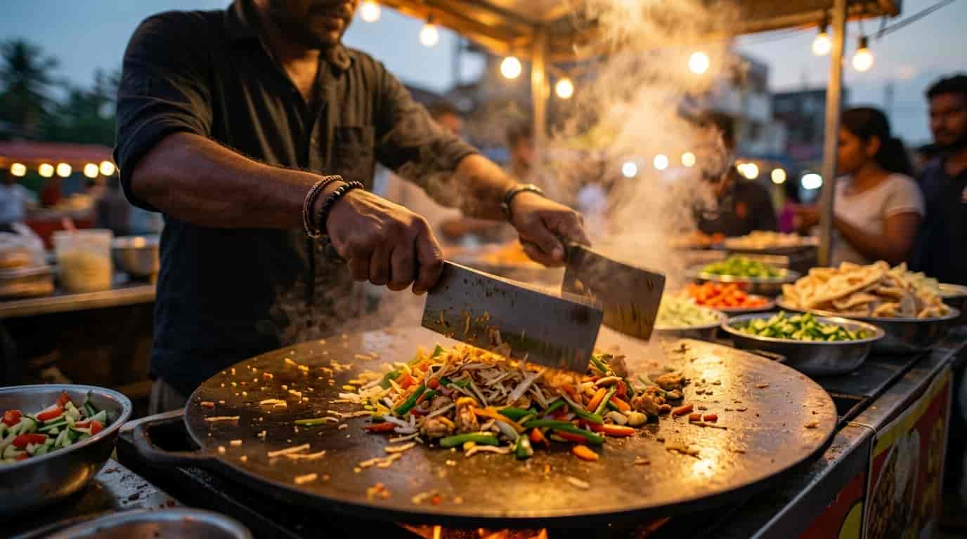 Kottu roti being freshly chopped on a griddle at a Sri Lankan street food stall